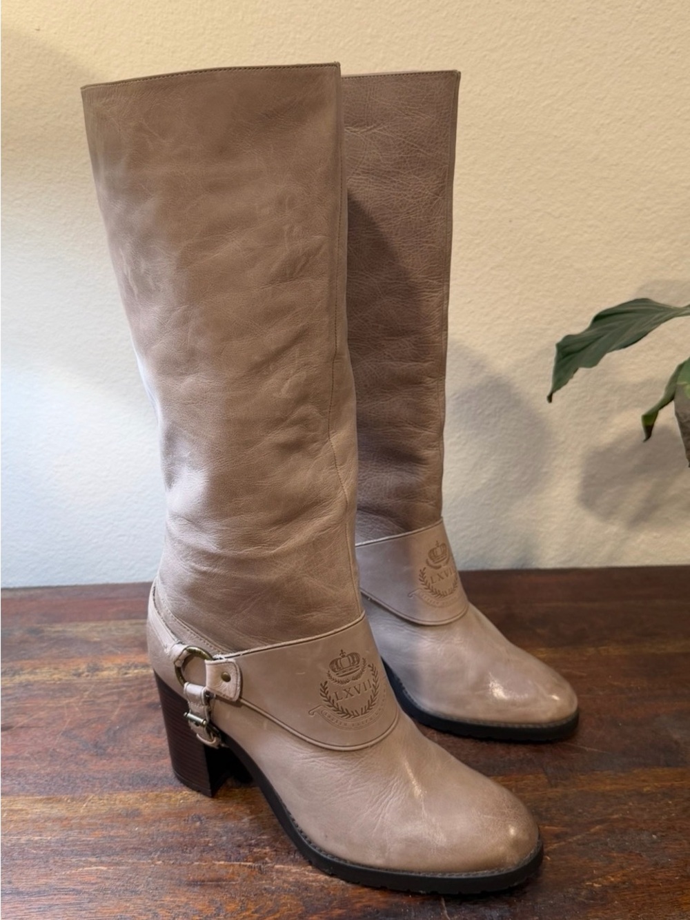 Ralph Lauren Delsa Taupe Leather Heeled Riding Boots, Size 11B